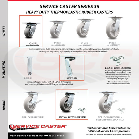 Service Caster 4 Inch Heavy Duty Thermoplastic Caster with Ball Bearing and Swivel Lock SCC SCC-35S420-TPRBD-BSL